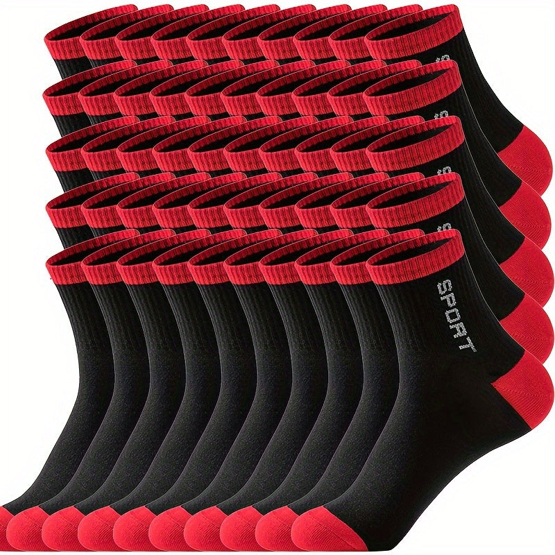 50 Pairs Of Men's Solid Letter Print Sport Crew Socks, Breathable Sweat-absorbing Comfy Soft Casual Simple Style Socks All Seasons Wearing Lootquake LLC