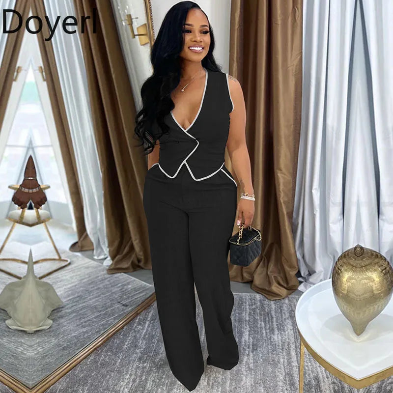 Doyerl Vintage Elegant 2 Piece Sets Woman Outfit Workwear Patchwork Double-breasted Vest Top and Wide Leg Pants Matching Sets Purplish Diva