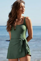 Black Side Tied Waist Square Neck Adjustable Straps A Line One Piece Swim Dress