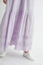 Eyelet Lace Maxi Dress With Side Strap Details – Elegant Fluttering Eyelet Lace Maxi Dress, Modern Side Strap Design, Formal Summer Maxi Dress, Sophisticated Event Dress