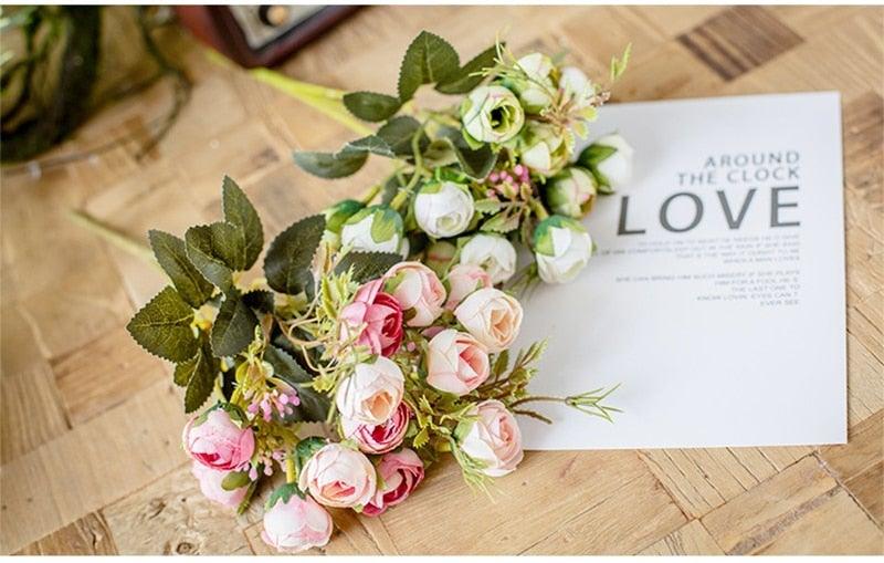 15heads/1 bundle Silk Tea Roses Bride Bouquet for Christmas Home Wedding New Year Decoration Fake Artificial Flowers Home Decor Stevvex