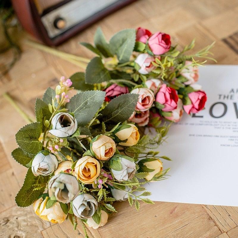 15heads/1 bundle Silk Tea Roses Bride Bouquet for Christmas Home Wedding New Year Decoration Fake Artificial Flowers Home Decor Stevvex