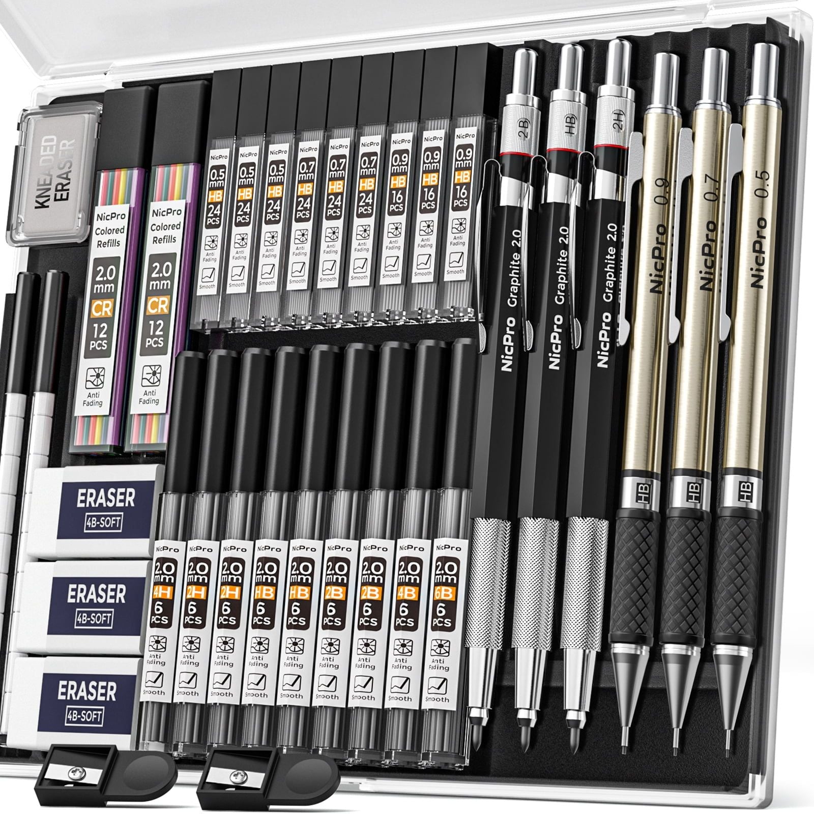 Nicpro 6 Pcs Metal Mechanical Pencils, Drafting Pencil 0.5 mm & 0.7 mm & 0.9 mm & 3 Pcs 2mm Lead Holder (6B 4B 2B HB 2H 4H Colors) with 20 Tube Lead Refills Case EasyOptionXY LLC
