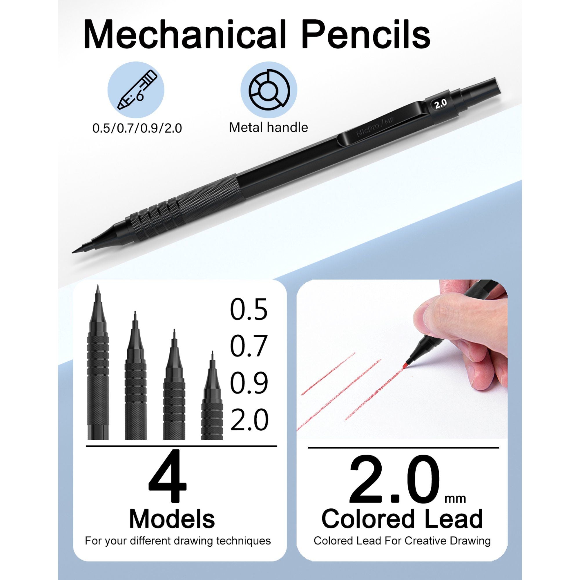 Nicpro 35PCS Metal Mechanical Pencils Set, Art Drafting Pencil 0.5, 0.7, 0.9 mm & 3PCS 2mm Graphite Lead Refills, Eraser, Sharpener, Case EasyOptionXY LLC
