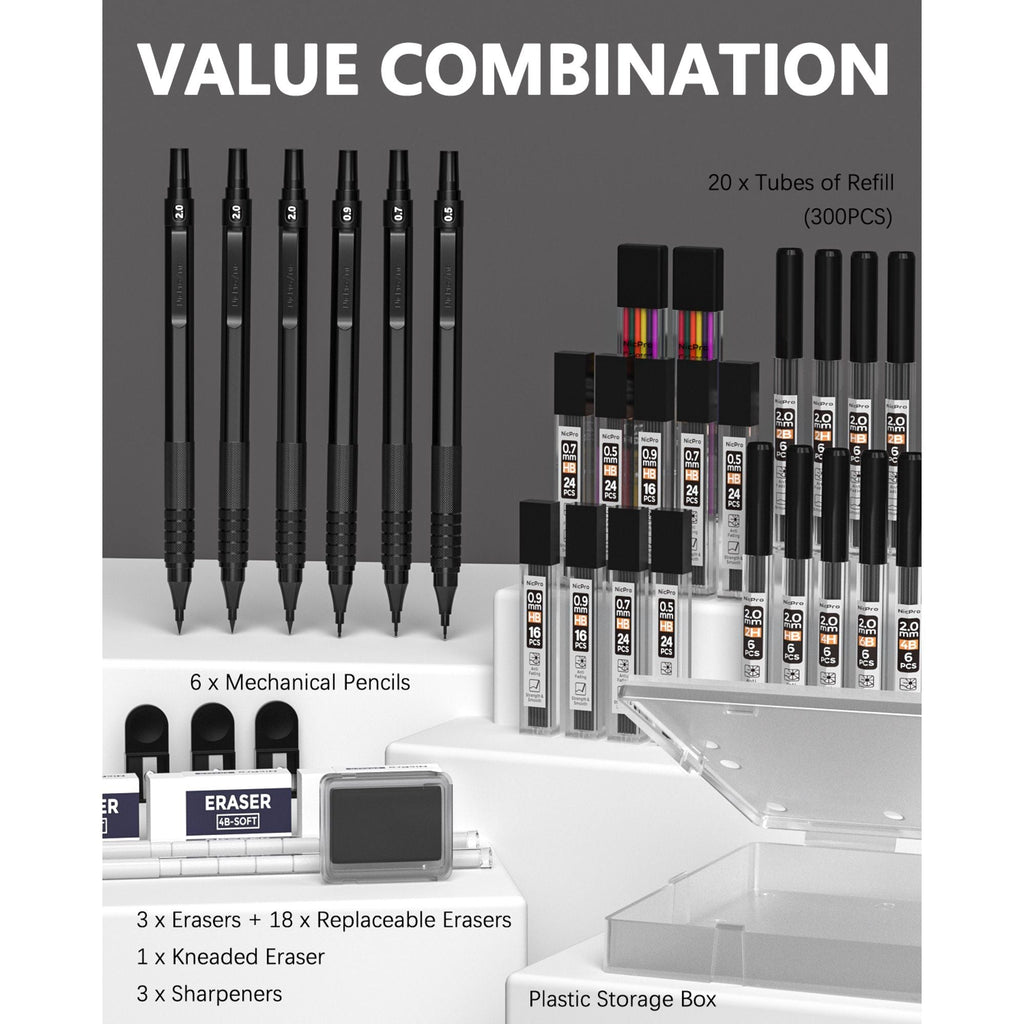 Nicpro 35PCS Metal Mechanical Pencils Set, Art Drafting Pencil 0.5, 0.7, 0.9 mm & 3PCS 2mm Graphite Lead Refills, Eraser, Sharpener, Case EasyOptionXY LLC