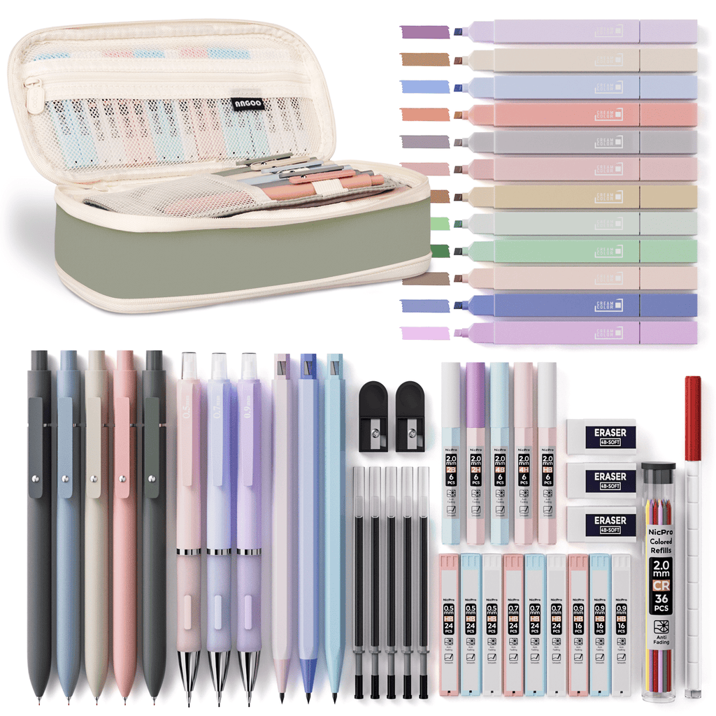 Nicpro 50Pcs Aesthetic School Supplies with Pen Case, 12 Colors Chisel Tip Cute Highlighters, 5 Quick Dry Retractable Black Ink Pens, 6 Pastel Mechanical Pencil 0.5 & 0.7 & 0.9 & 2.0 mm for Students