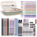 Nicpro 50Pcs Aesthetic School Supplies with Pen Case, 12 Colors Chisel Tip Cute Highlighters, 5 Quick Dry Retractable Black Ink Pens, 6 Pastel Mechanical Pencil 0.5 & 0.7 & 0.9 & 2.0 mm for Students