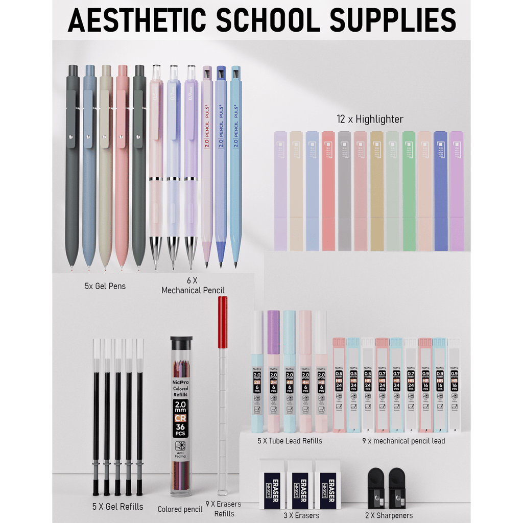 Nicpro 50Pcs Aesthetic School Supplies with Pen Case, 12 Colors Chisel Tip Cute Highlighters, 5 Quick Dry Retractable Black Ink Pens, 6 Pastel Mechanical Pencil 0.5 & 0.7 & 0.9 & 2.0 mm for Students
