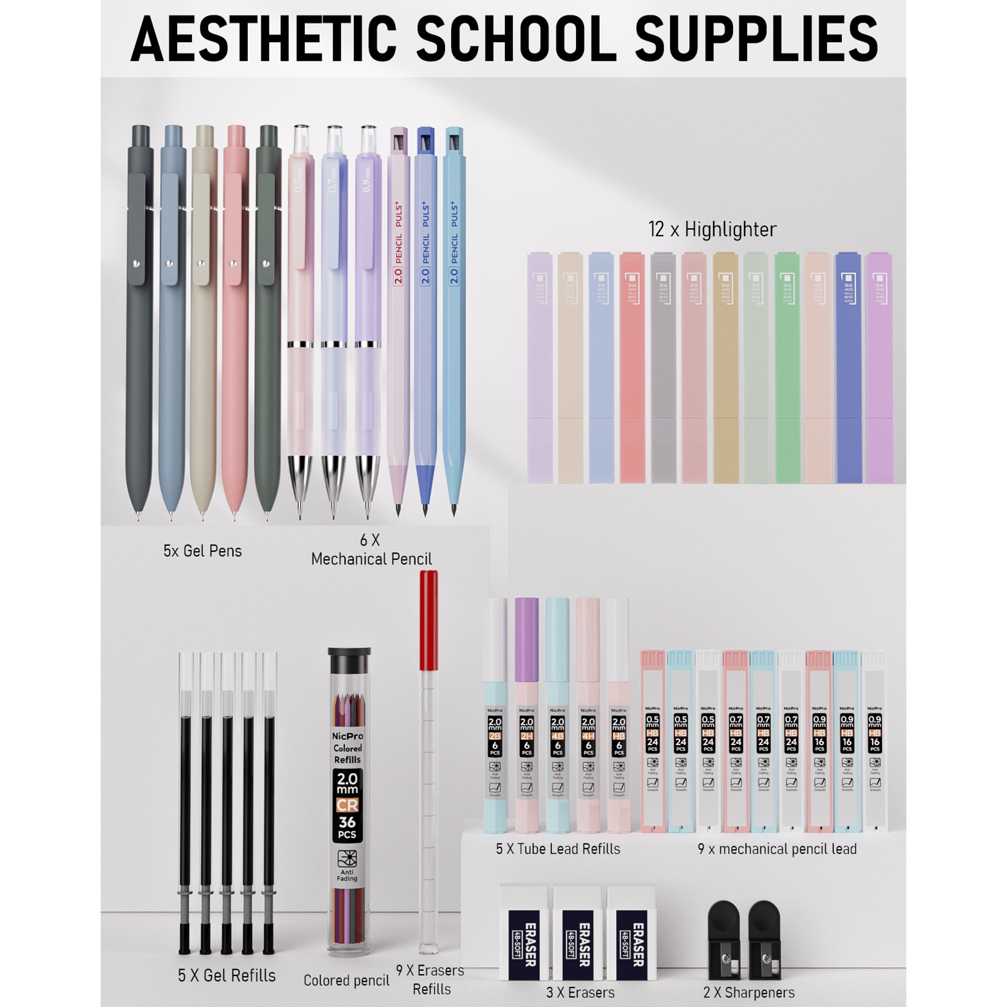 Nicpro 50Pcs Aesthetic School Supplies with Pen Case, 12 Colors Chisel Tip Cute Highlighters, 5 Quick Dry Retractable Black Ink Pens, 6 Pastel Mechanical Pencil 0.5 & 0.7 & 0.9 & 2.0 mm for Students