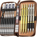 Nicpro 29PCS Art Mechanical Pencils Set in Leather Case, Gold Metal Drafting Pencil 0.5, 0.7, 0.9 mm, 2mm Lead Pencil Holders for Sketching Drawing With 15 Tube (4B 2B HB 2H 4H & Colored)Lead Refills