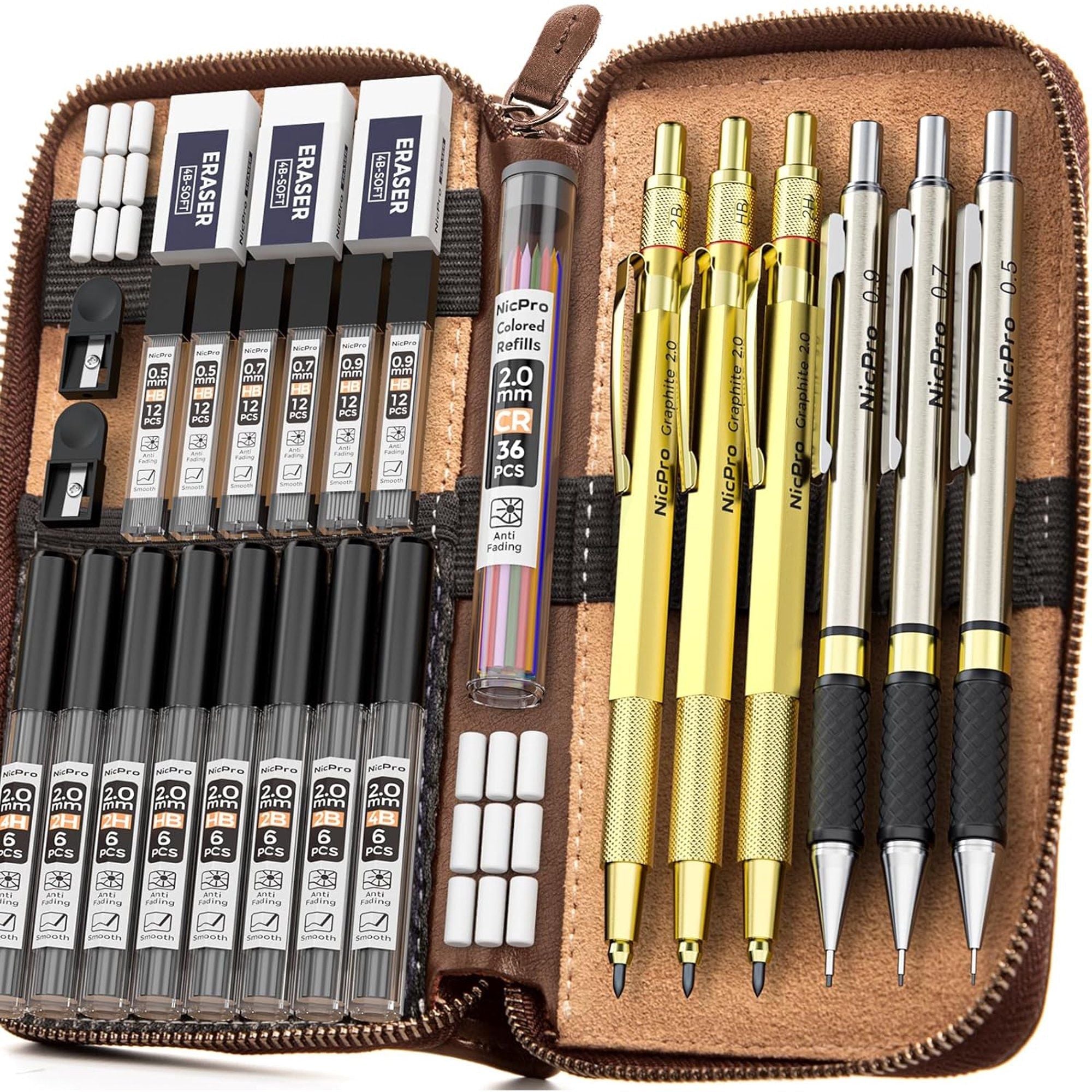 Nicpro 29PCS Art Mechanical Pencils Set in Leather Case, Gold Metal Drafting Pencil 0.5, 0.7, 0.9 mm, 2mm Lead Pencil Holders for Sketching Drawing With 15 Tube (4B 2B HB 2H 4H & Colored)Lead Refills