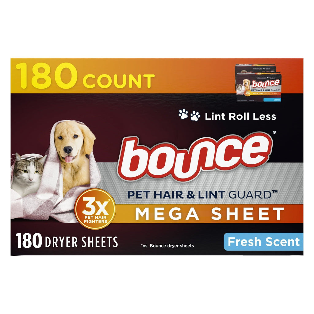 Bounce Pet Hair and Lint Guard Mega Dryer Sheets with 3X Pet Hair Fighters, Fresh Scent, 180 Count