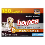 Bounce Pet Hair and Lint Guard Mega Dryer Sheets with 3X Pet Hair Fighters, Fresh Scent, 180 Count
