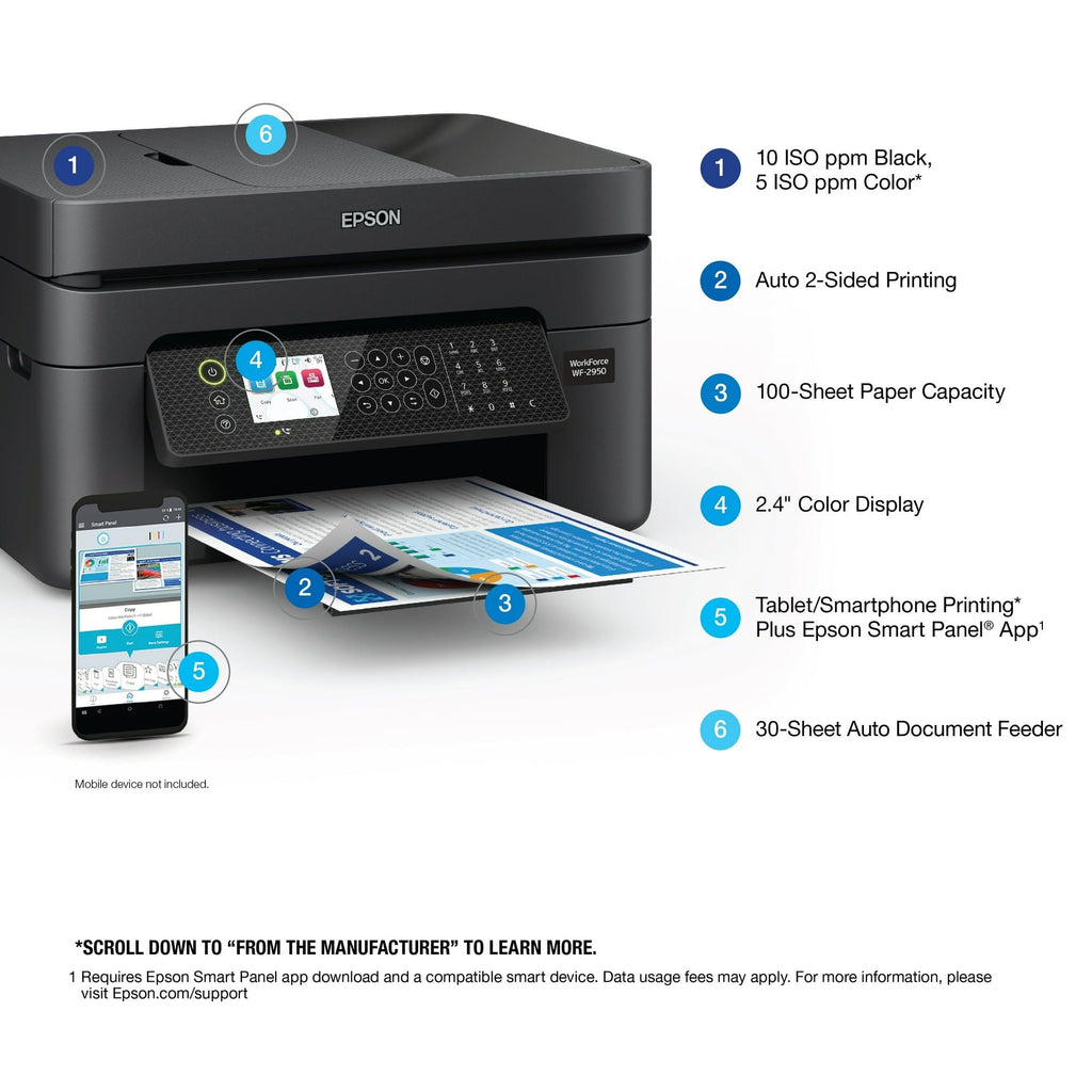 Epson WorkForce WF-2950 All-in-One Wireless Color Printer with Scanner, Copier and Fax