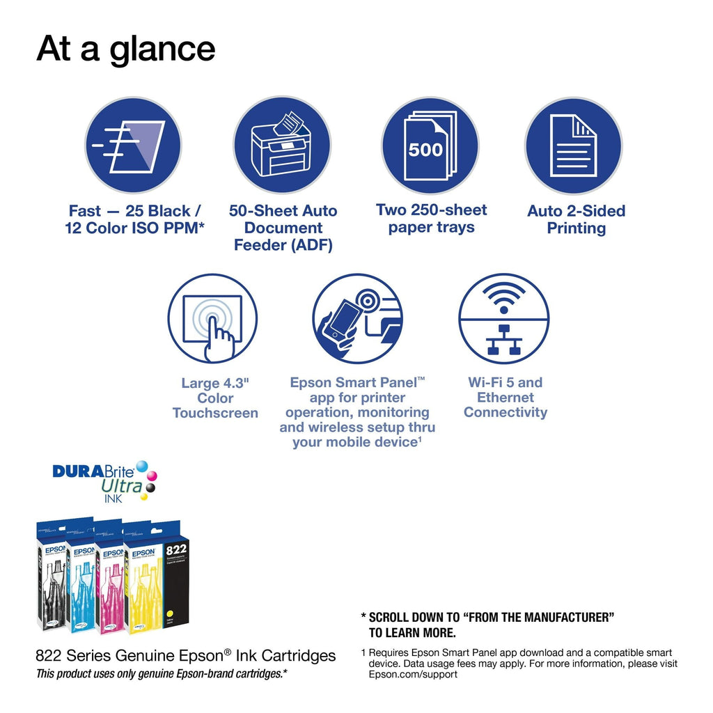 Epson WorkForce Pro WF-4833 Wireless All-in-One Printer with Auto 2-Sided Print, Copy, Scan and Fax, 50-Page ADF, 500-Sheet Paper Capacity, and 4.3" Color Touchscreen
