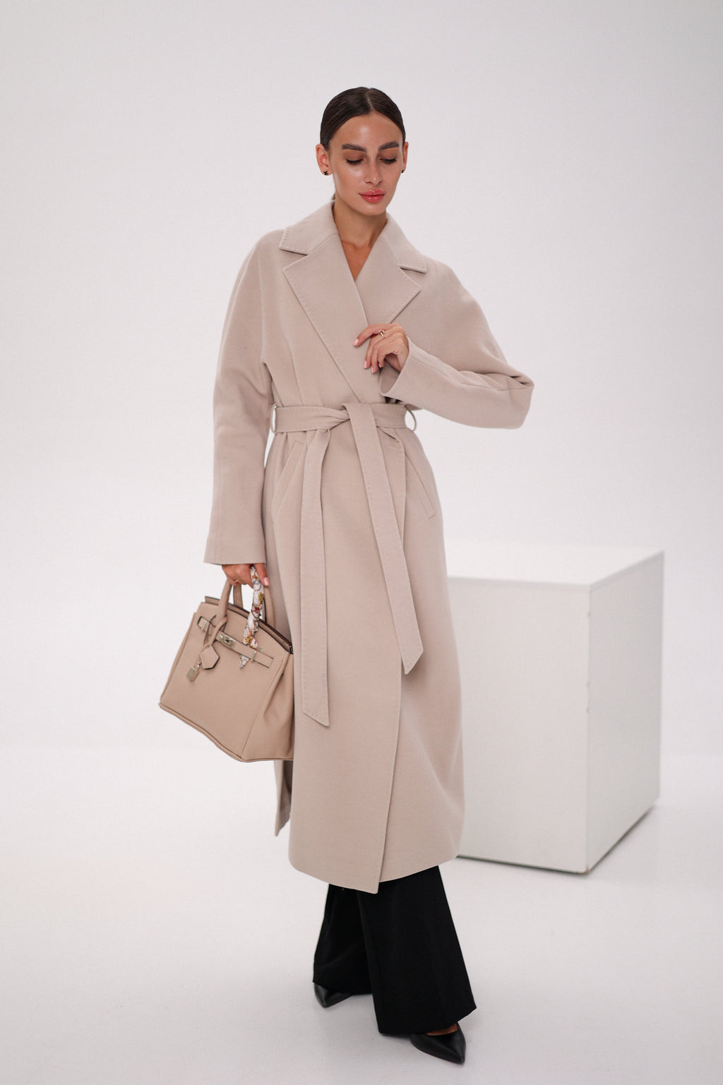 Pre-Order. Re-Stock Ships February 2026. Cambridge Comfort Wraparound Wool Cashmere Coat in Nude - SJB-DIAMOND ELITES