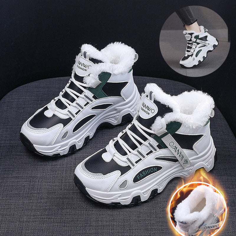 Fashion Black White Lace-up Sneakers Winter Warm All-match Plush Shoes Women Plus Velvet Fleece Flat High-top Sports Shoes Pi-Mart