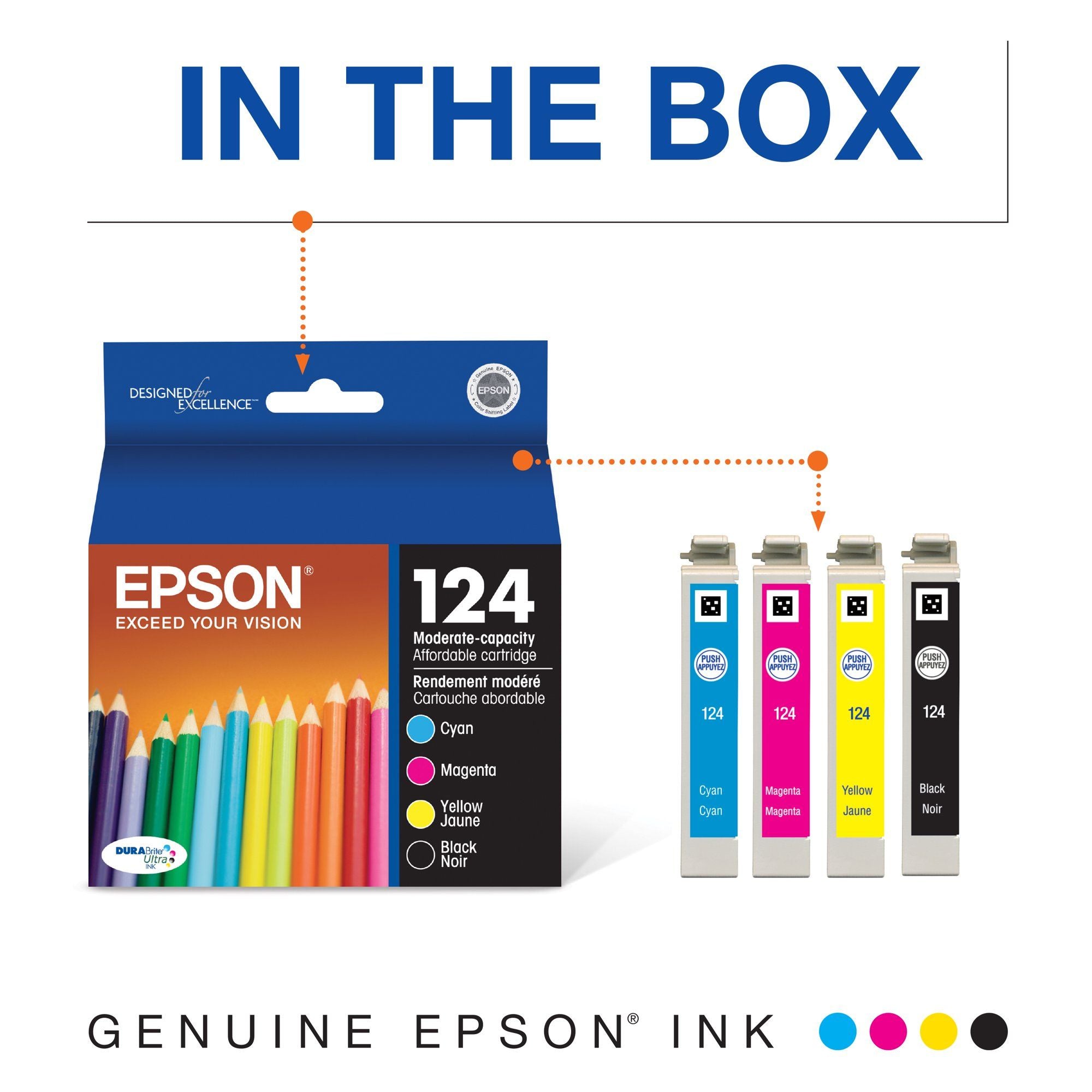 EPSON 124 DURABrite Ultra Ink Black & Color Cartridge Combo Pack For Stylus NX-125, NX-127, NX-130, NX-230, NX-330, NX-420, NX-430, WorkForce WF-320, WF-323, WF-325, WF-435