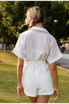 Pure Color Short-sleeved Lapel Tie Jumpsuit Casual Jumpsuit Women