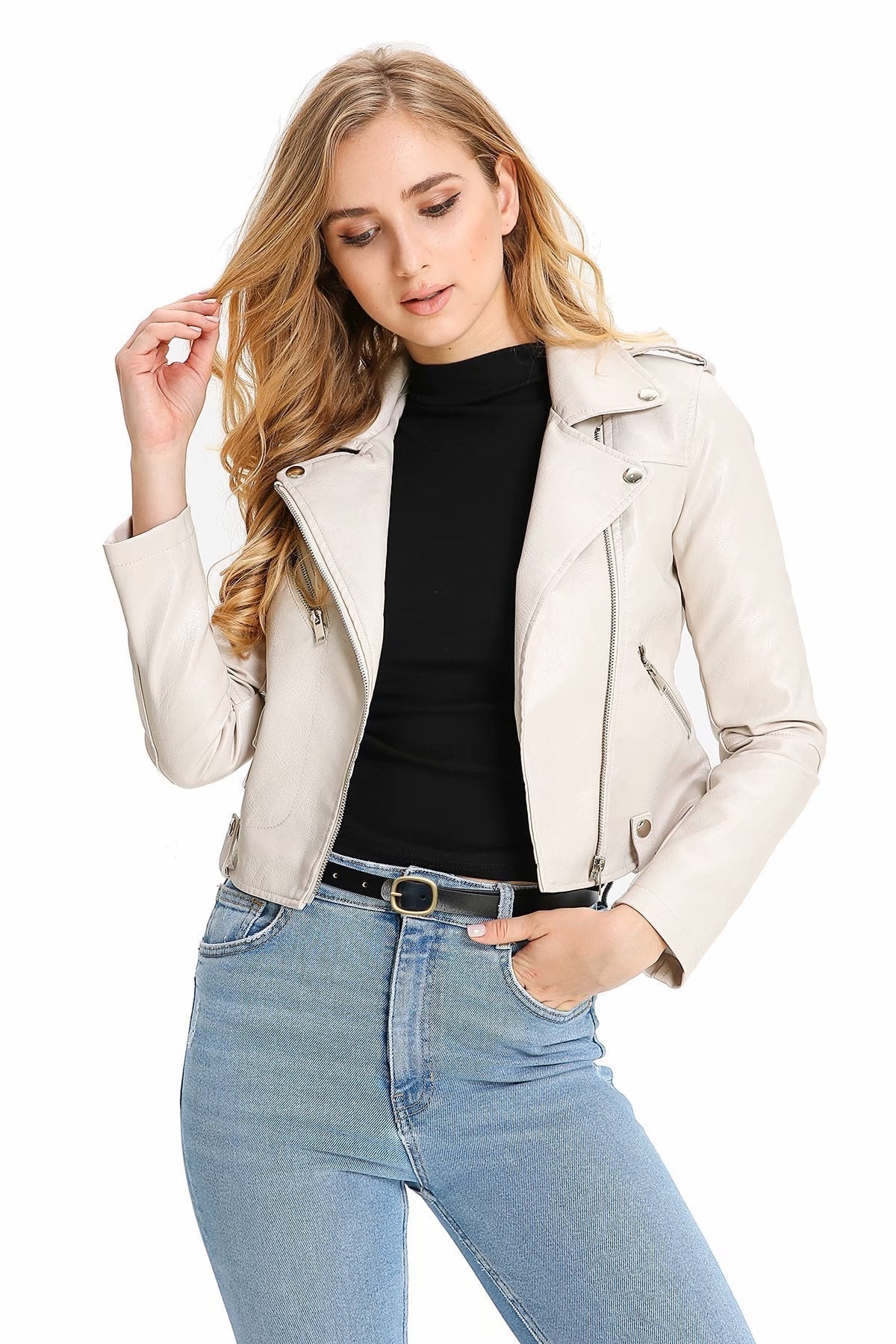 Leather Women's Short Fashion PU Small Slim Slim-fit Motorcycle Leather Jacket Pi-Mart