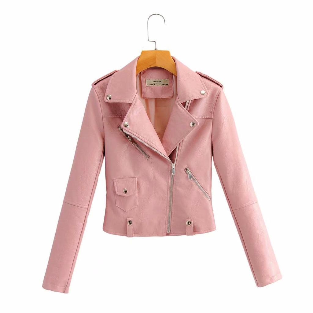 Leather Women's Short Fashion PU Small Slim Slim-fit Motorcycle Leather Jacket Pi-Mart