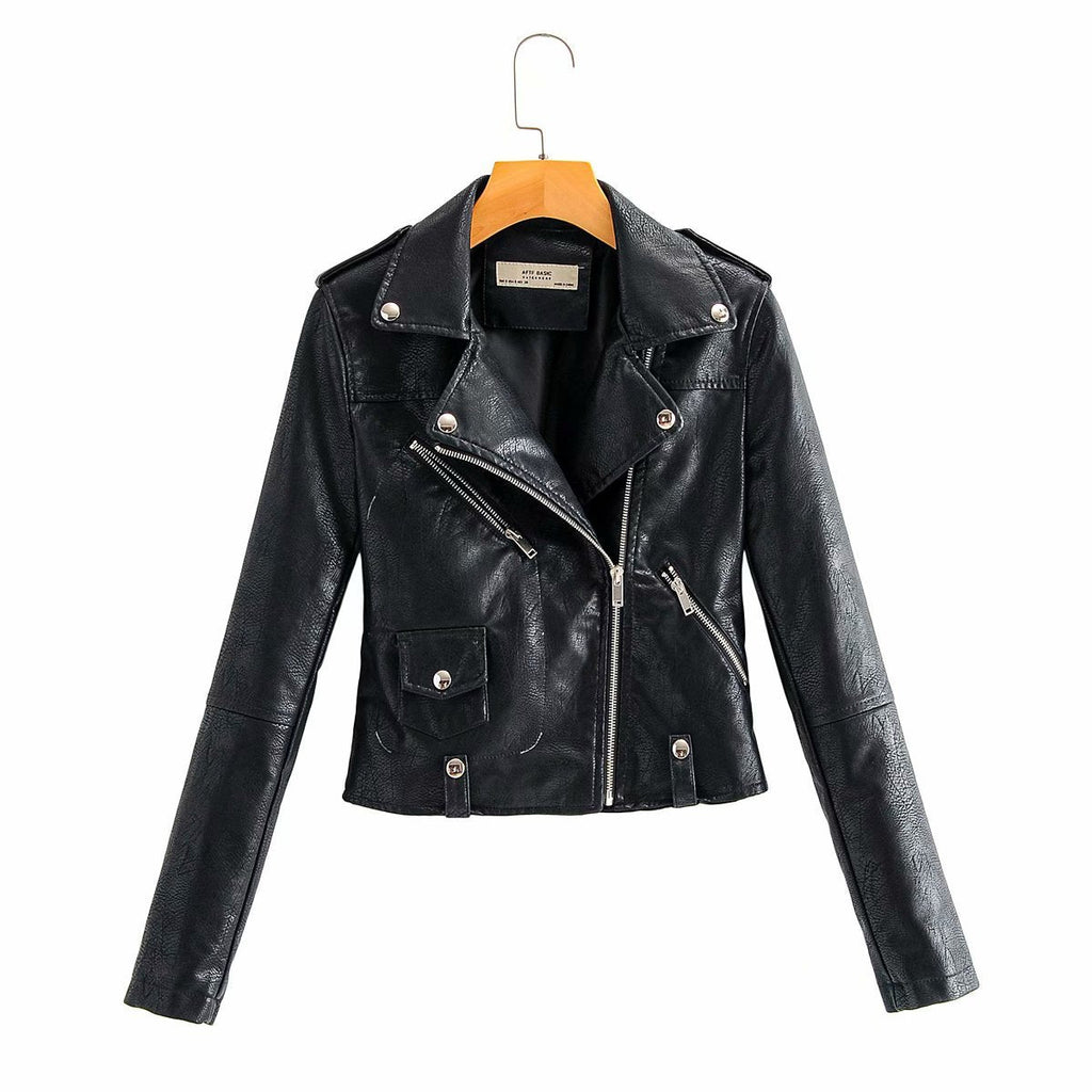 Leather Women's Short Fashion PU Small Slim Slim-fit Motorcycle Leather Jacket Pi-Mart