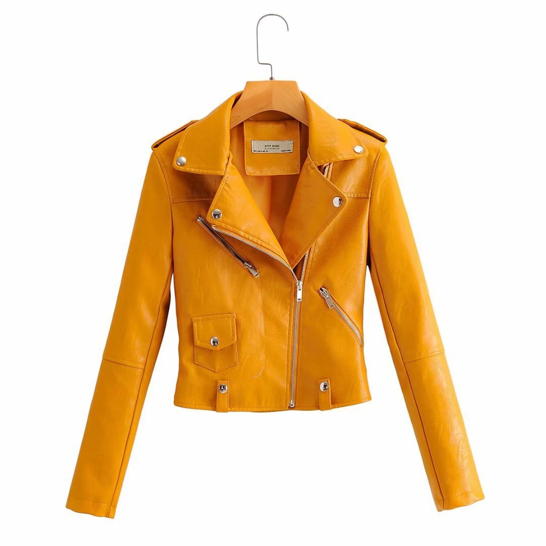 Leather Women's Short Fashion PU Small Slim Slim-fit Motorcycle Leather Jacket Pi-Mart