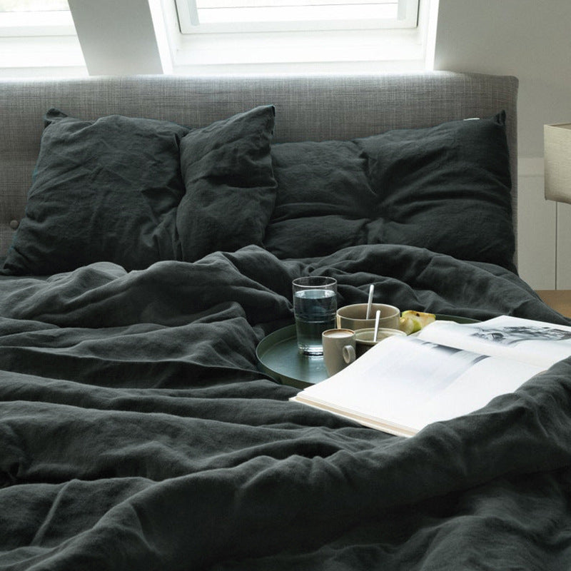 Linen four-piece set Nordic style solid color washed antibacterial bed linen bed sheet quilt cover bedding ins wind three-piece set Pi-Mart