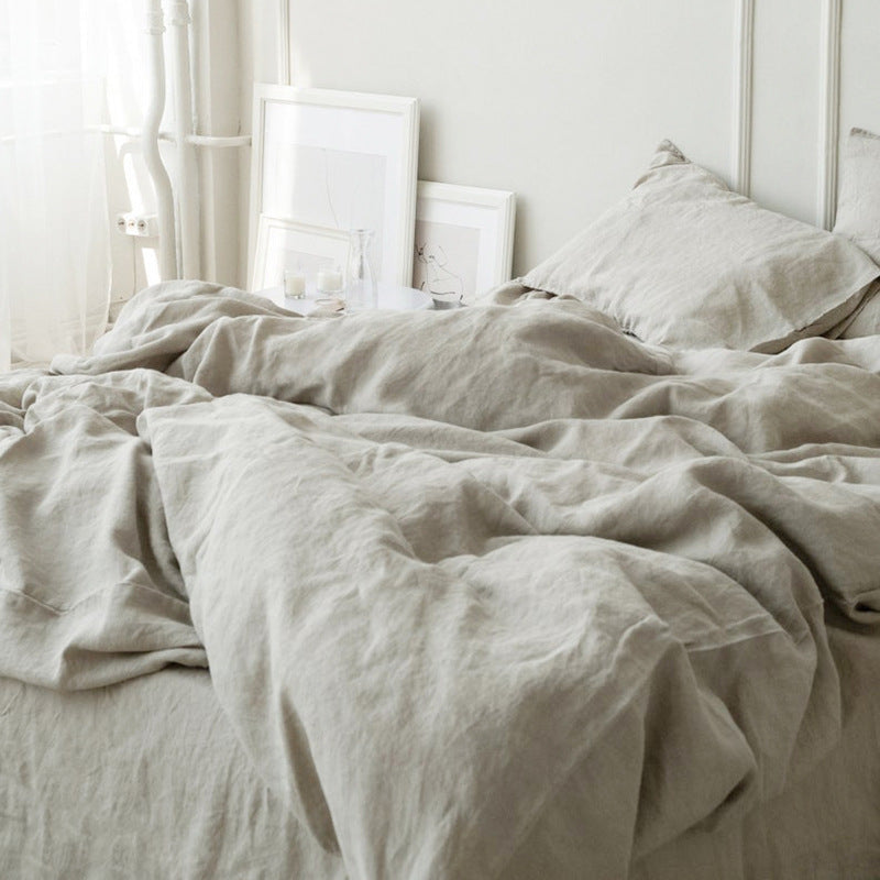 Linen four-piece set Nordic style solid color washed antibacterial bed linen bed sheet quilt cover bedding ins wind three-piece set Pi-Mart
