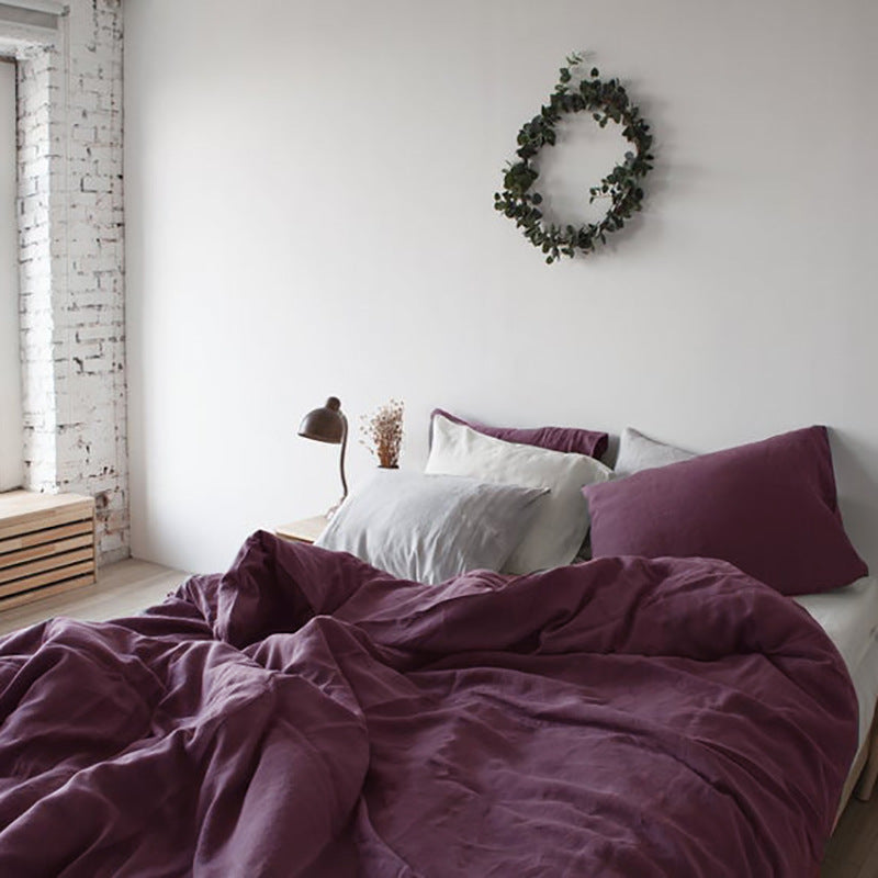 Linen four-piece set Nordic style solid color washed antibacterial bed linen bed sheet quilt cover bedding ins wind three-piece set Pi-Mart