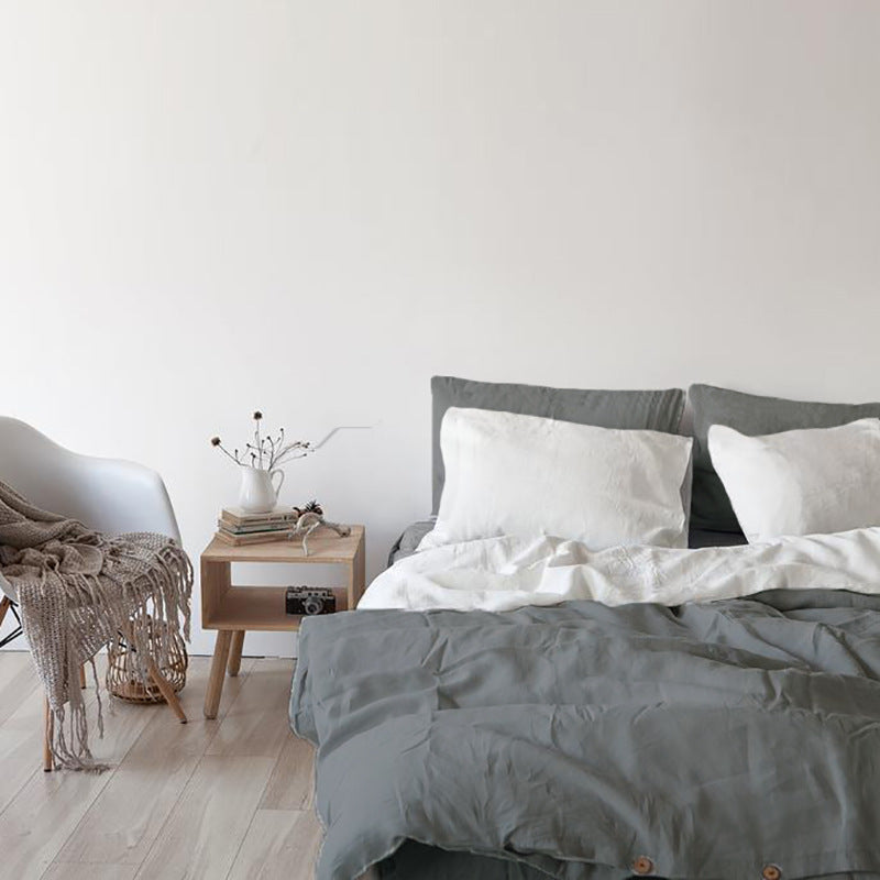 Linen four-piece set Nordic style solid color washed antibacterial bed linen bed sheet quilt cover bedding ins wind three-piece set Pi-Mart