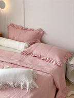 Double Sided Cotton Leaf Quilted Three Piece Set With Ruffled Sand Washing Bed Cover Pi-Mart