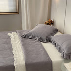 Double Sided Cotton Leaf Quilted Three Piece Set With Ruffled Sand Washing Bed Cover Pi-Mart