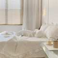 Double Sided Cotton Leaf Quilted Three Piece Set With Ruffled Sand Washing Bed Cover Pi-Mart