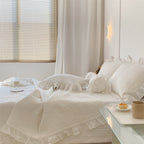Double Sided Cotton Leaf Quilted Three Piece Set With Ruffled Sand Washing Bed Cover Pi-Mart