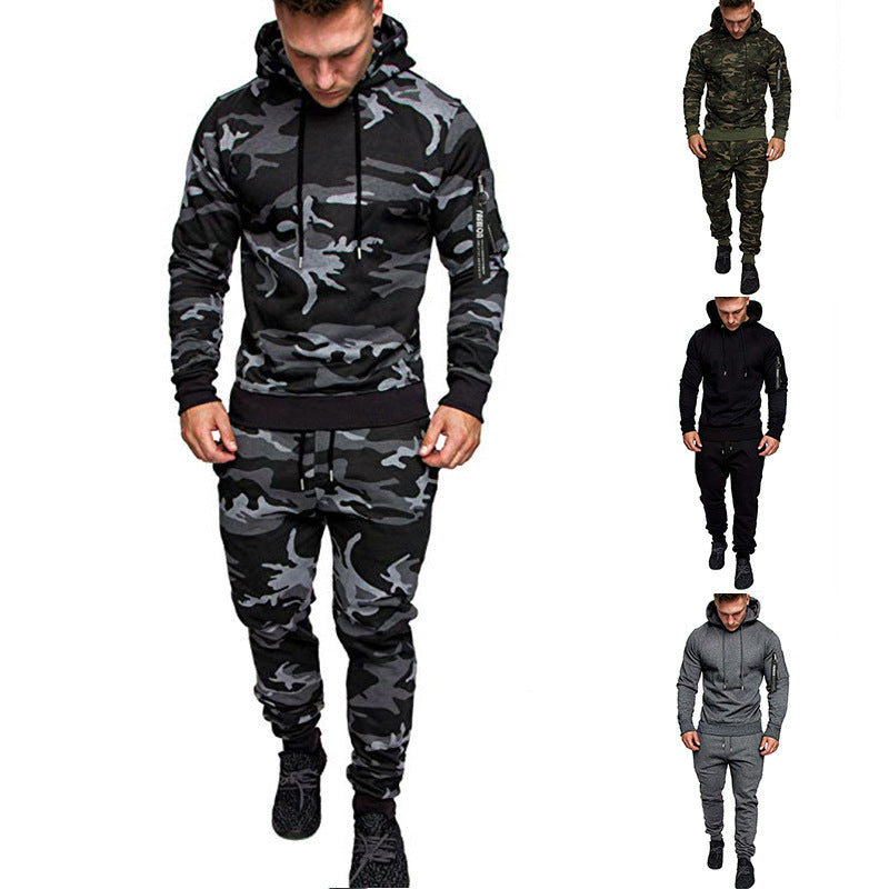 Zipper Hooded Solid Color Sweatshirt Sports Trousers Suit Pi-Mart