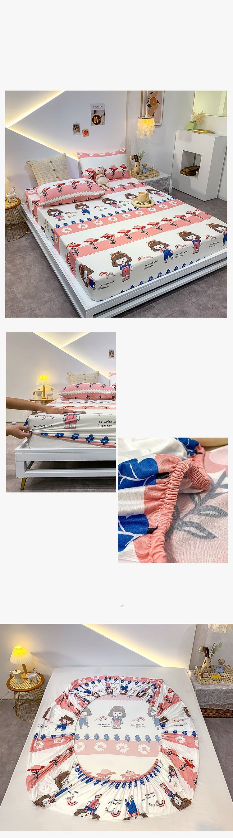 Cotton Elastic Bed Sheet Geometric Printed Fitted Sheet Elastic Bed Linen Mattress Cover Queen King Size bedding set Bedspread Pi-Mart