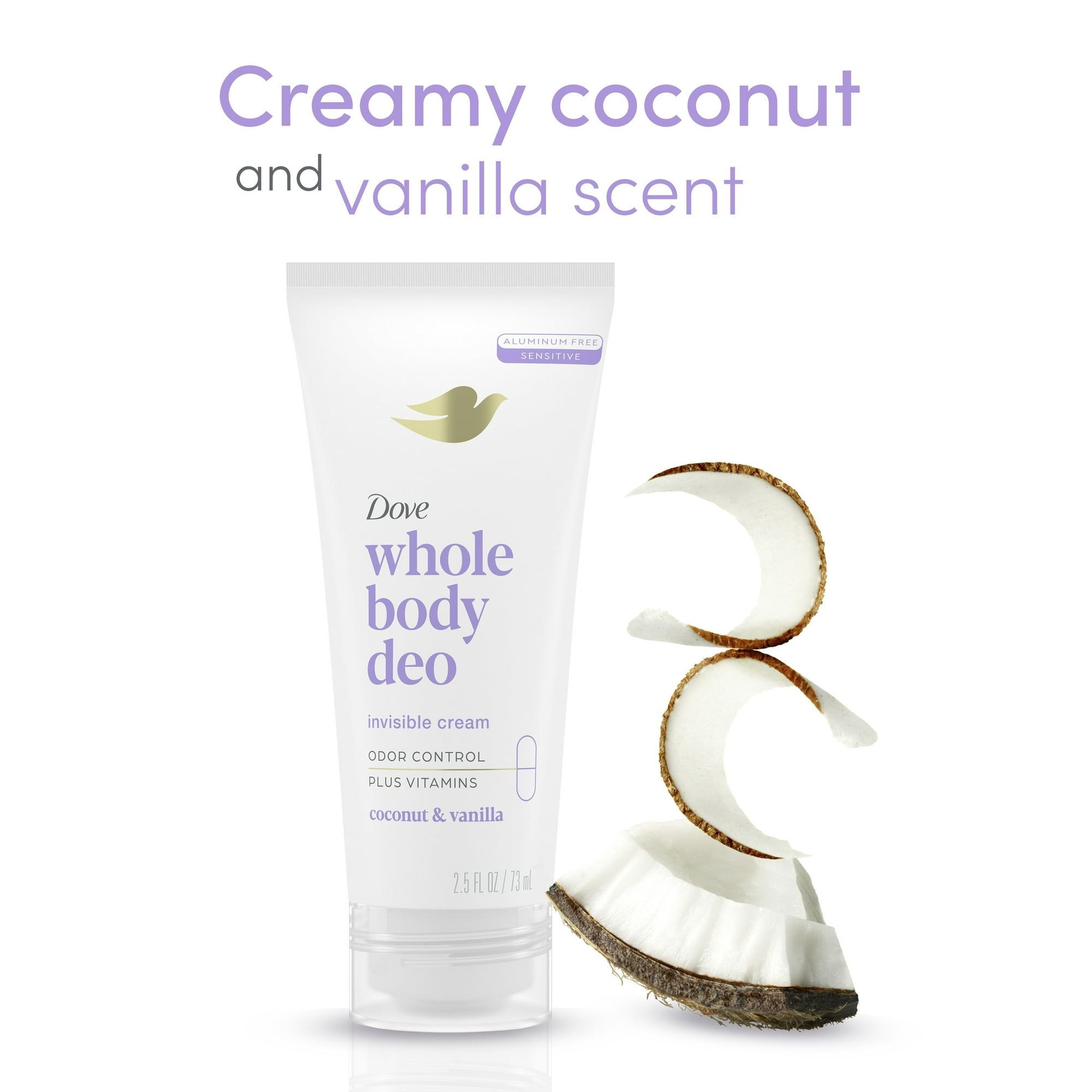 Dove Whole Body Women's Deodorant Invisible Cream Coconut & Vanilla Aluminum Free, 2.5 oz