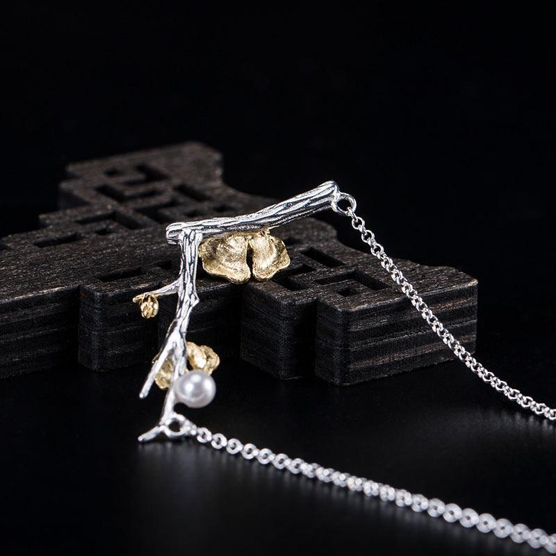 Vintage Freshwater Pearl Necklace Female S925 Silver Zircon Plum Blossom Branch Pendant Pi-Mart