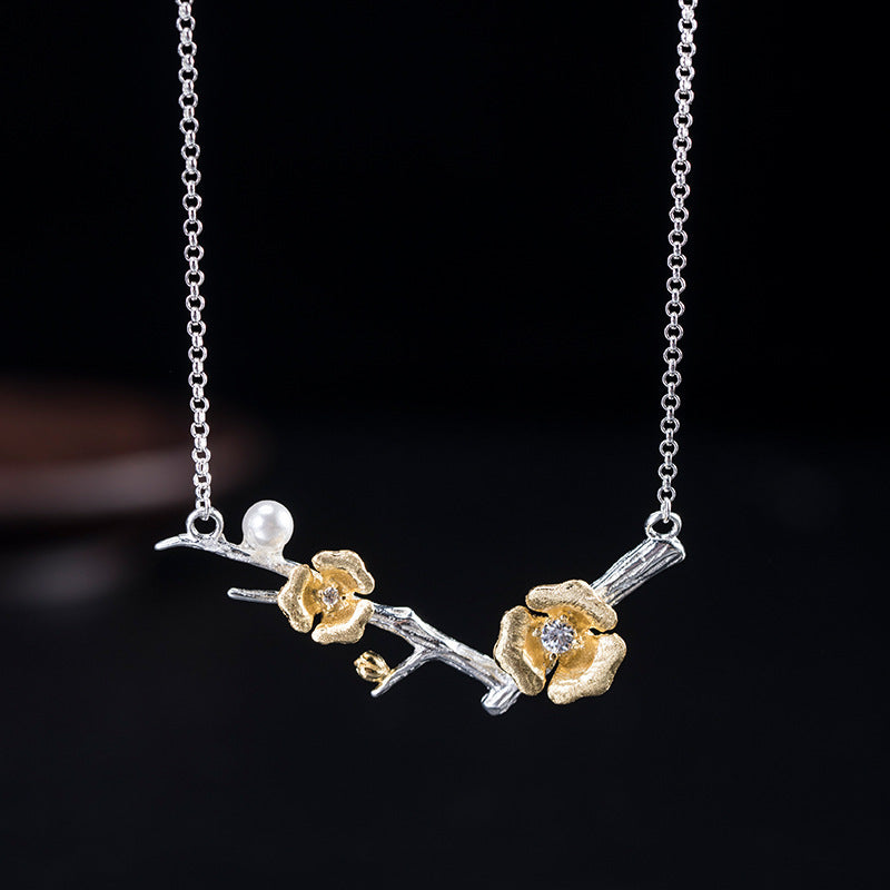Vintage Freshwater Pearl Necklace Female S925 Silver Zircon Plum Blossom Branch Pendant Pi-Mart