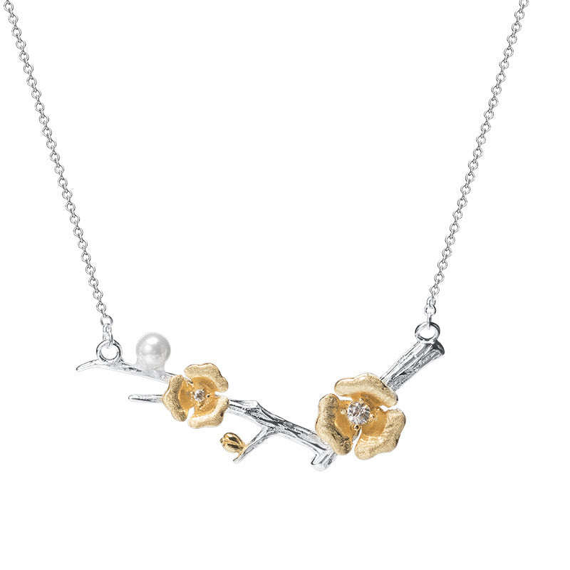 Vintage Freshwater Pearl Necklace Female S925 Silver Zircon Plum Blossom Branch Pendant Pi-Mart