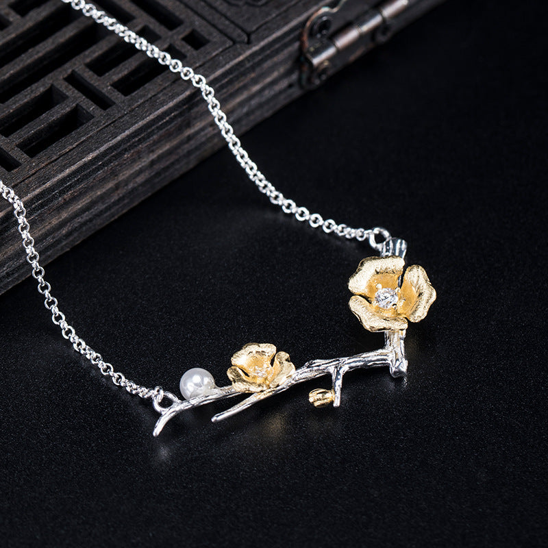 Vintage Freshwater Pearl Necklace Female S925 Silver Zircon Plum Blossom Branch Pendant Pi-Mart