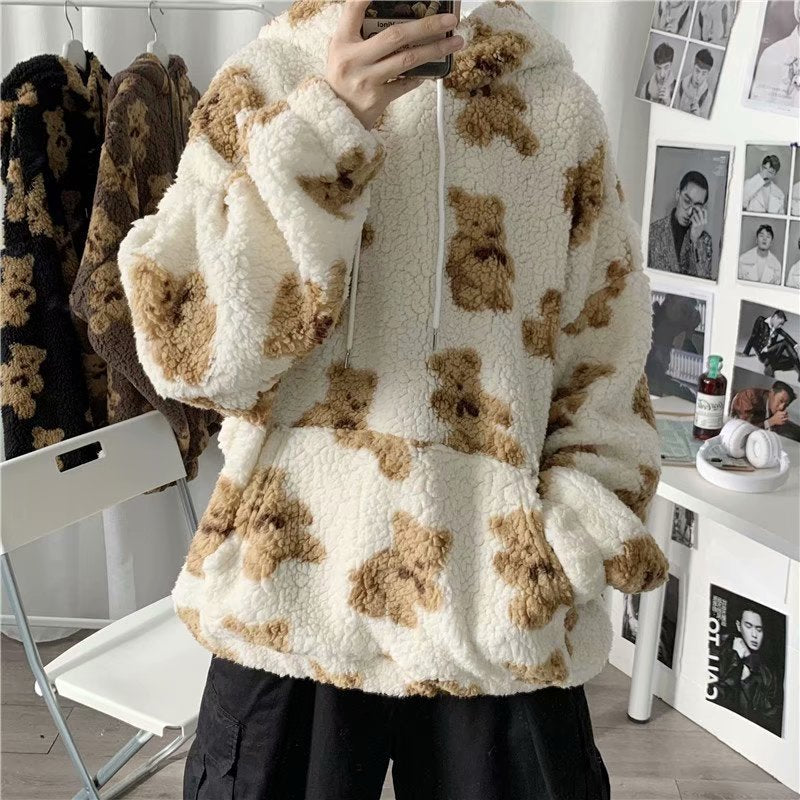 Hooded Sweater Men's Tide Ins Korean Cartoon Printed Lamb Velvet Jacket Thickened Loose Trend Student Clothes