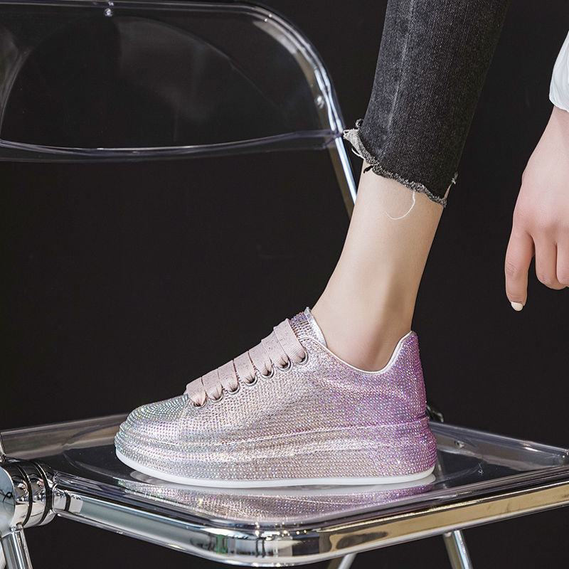 Women's Rhinestone-Embellished Sports Shoes - Waterproof White Wedge Sneakers (4-6cm Heel, Microfiber Leather) Pi-Mart