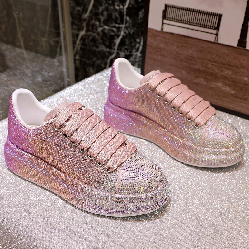 Women's Rhinestone-Embellished Sports Shoes - Waterproof White Wedge Sneakers (4-6cm Heel, Microfiber Leather) Pi-Mart