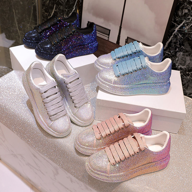 Women's Rhinestone-Embellished Sports Shoes - Waterproof White Wedge Sneakers (4-6cm Heel, Microfiber Leather) Pi-Mart