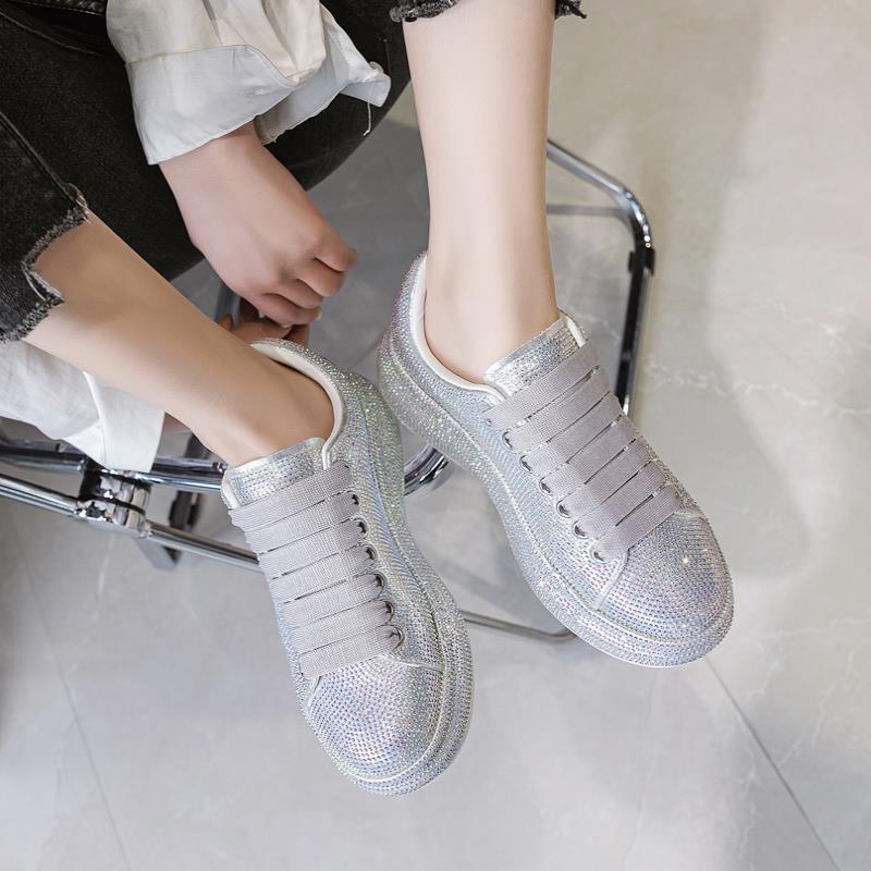 Women's Rhinestone-Embellished Sports Shoes - Waterproof White Wedge Sneakers (4-6cm Heel, Microfiber Leather) Pi-Mart