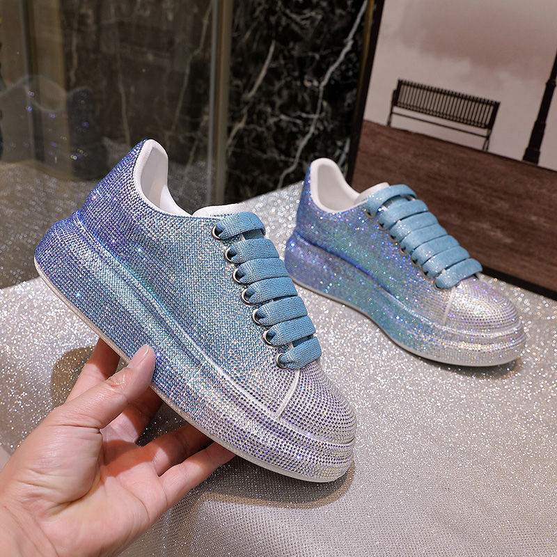 Women's Rhinestone-Embellished Sports Shoes - Waterproof White Wedge Sneakers (4-6cm Heel, Microfiber Leather) Pi-Mart