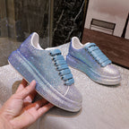 Women's Rhinestone-Embellished Sports Shoes - Waterproof White Wedge Sneakers (4-6cm Heel, Microfiber Leather) Pi-Mart