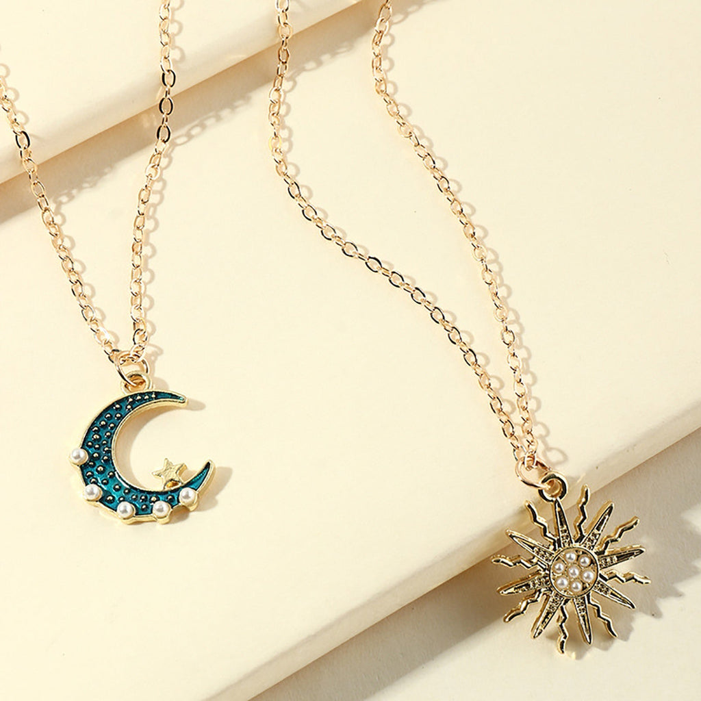 Sun Moon Necklace Blue Gold Stainless Steel Pendant Necklaces Jewelry Pi-Mart